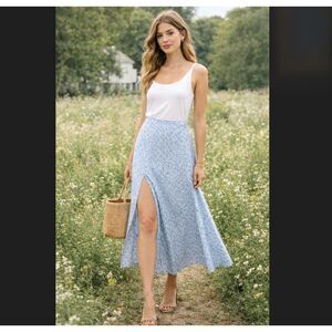 Reformation Zoe Midi Skirt 10 Brooke Light Blue Floral High Slit Cottagecore EUC